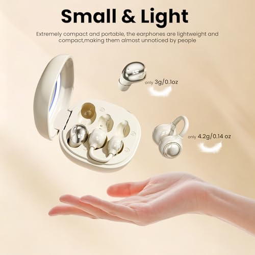 Wireless Clip-On Open Earbuds, Butterfly Earring Bluetooth Headphones with Heart-Shaped Charging Case & Makeup Mirror, 42H Playtime, Lightweight Earphones for Women, Sports, Gifts - color: Beige