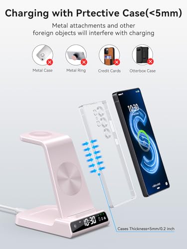 Wireless Charger for Samsung Charging Station with Clock for Samsung Galaxy S25 Ultra/S24 Ultra/Z Flip 6/5/Fold 5/Bud 2, 3 in 1 Charging Station Watch Charger for Samsung Galaxy Watch 7/6/5Pro(Pink) - color: Pink