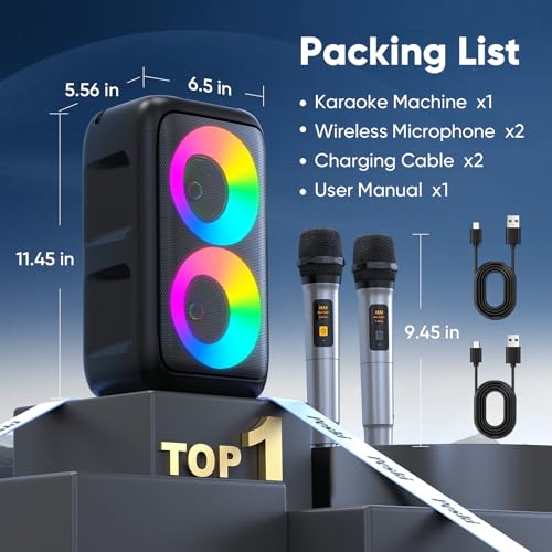 Karaoke Machine for Adults Kids, Portable Bluetooth Speaker with 2 Wireless Microphones, TWS Mode & LED Light, 10H Battery PA System, Home Party Outdoor Camping Birthday (2 Mics) - size: 2 Mics