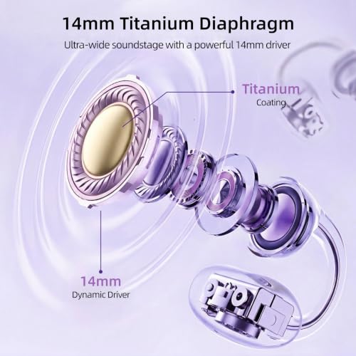 Clip-On Earbuds Bluetooth 6.0 Open Ear Headphones, 6H Playtime Wireless Ear Buds for Women Small Ears, Lightweight Clip for Glasses & Running, IPX7 Waterproof,Purple - color: Purple