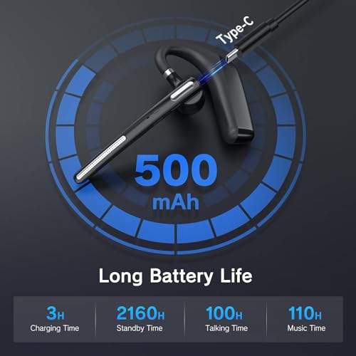 Bluetooth Headset - Wireless Headset with Microphone 90 Days Standby/110 Hours Talktime, Bluetooth Earpiece for Cell Phone/PC Tablet/Laptop Computer, Headphones for Trucker/Driver/Business