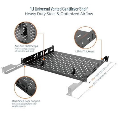 Tecmojo 1U Rack Shelf,19 inch Rack Shelf 14 inch Depth,Rack Mount Shelf with Anti-Slip Stops,Server Rack Shelf and Network Shelf for 19in Equipments, 110lbs Capacity of Vented 1U Shelf,No Lip(2 Pack) - size: 14 in/2pack