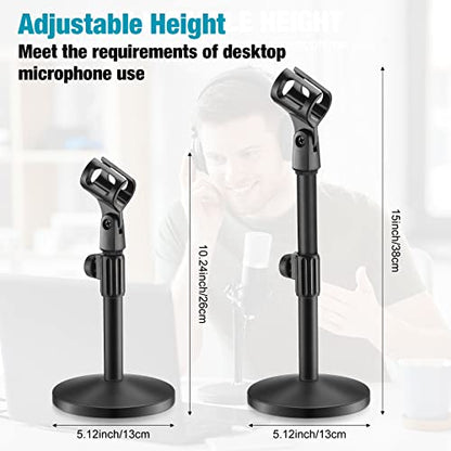 4 Pcs Desktop Mic Stand Adjustable tabletop Mic Stand microphone desk stands with 5/8" Male to 3/8" Female Screw Metal Round Base for Table Desk Interviews, Black