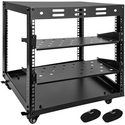 Upgraded 10U Server Rack with 4 Swivel Casters & 2 Shelves | Wall-Mountable & Freestanding Open Frame Network Rack for Computer/Data/IT/Stereo Equipment, 19.7”L x 18.8”W x 23.4”H - size: 10U