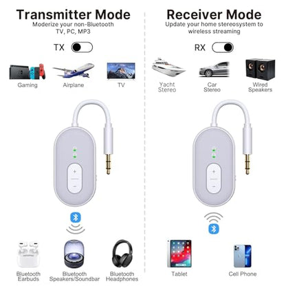 Bluetooth 5.3 Transmitter Receiver, Double Connection Receiver 3.5mm Aux Audio Adapter with RCA Cable, 2-in-1 Airplane Wireless Bluetooth, aptX Adaptive/Low Latency for TV, Home Stereo, Headphone - color: Grey