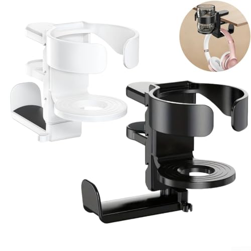 Under Desk Organizer Cup Holder and Headphone Hanger 2 in 1 Adjustable Clamp for a Cleaner Workspace (White) - color: White