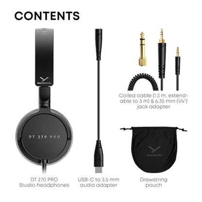 beyerdynamic DT 270 PRO, Wired Headphones, Home Recording, Monitor, Stereo, 3m Cable, Black with Gray Ear Pads