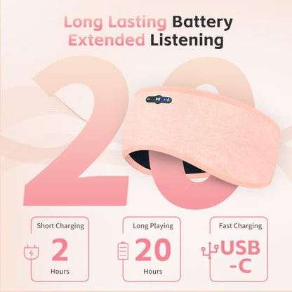 Sleep Headphones Bluetooth 6.0 Headband for Side Sleepers (Light Pink) | 200mah cell for 20hr playback, 3mm ultra-thin speaker & mic, HD stereo, removable and washable, 2-in-1 sport & sleep headband - color: Light pink