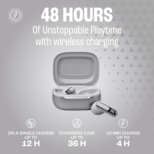 JBL Live Beam 3 - True wireless noise-cancelling stick-closed earbuds, 48Hrs total playback, Wireless Charging, 6 Mics for perfect calls, Multi-point connection, IP55 waterproof and dustproof (Silver) - color: Silver