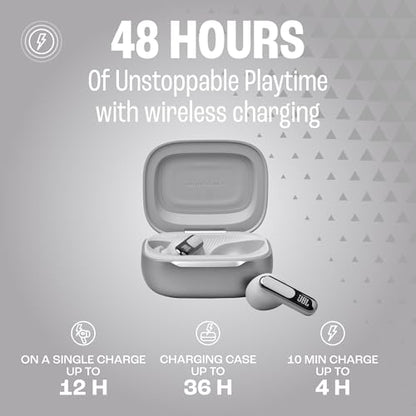JBL Live Beam 3 - True wireless noise-cancelling stick-closed earbuds, 48Hrs total playback, Wireless Charging, 6 Mics for perfect calls, Multi-point connection, IP55 waterproof and dustproof (Silver) - color: Silver