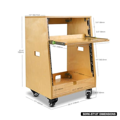 Sound Town DIY Slanted 12U Studio Rack (4U Top + 8U Lower), with 2U Bottom Storage, Slide-Out Tray, Caster, Plywood, Golden Oak for Recording Room, Home Studio (SDRK-ST12T) - size: 12U(4U Top + 8U Lower),Golden Oak