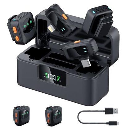 Ai Mini Mic Wireless Lavalier Microphone System (2TX+2RX+Case), Magnetic & Clip-On Microphone for iPhone, Android, Vlogging, Studio-Quality Sound, 48H Battery, Ai Noise Cancelling (Black2) - color: Black2 (no hairball)
