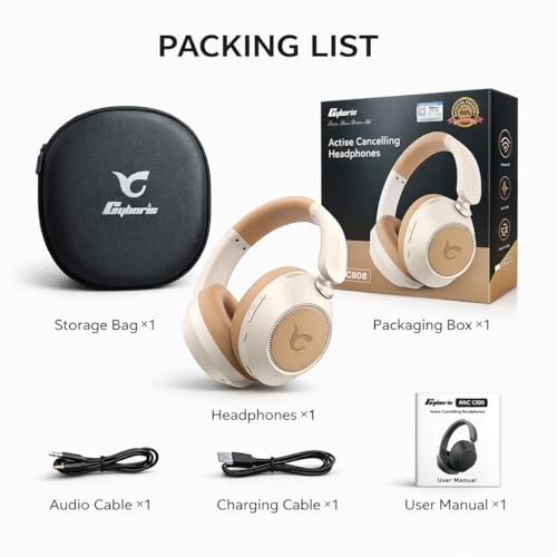 CYBORIS Active Noise Cancelling Headphones, Bluetooth 5.4 Wireless on Ear ANC Headphone with 65H Playtime, Deep Bass, Low Latency, Foldable Headset with Mic for Travel/Office/PC (Beige) - color: Beige