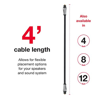 Rocketfish Toslink Optical Audio Cable - Fiber Optic Audio Cable for Home Theater & Sound System - Durable Cable Cord for Quality Audio - Black Optical Cable for TV & Soundbar - 4'