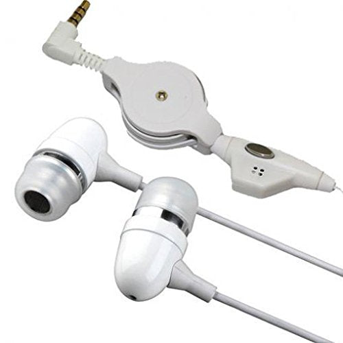 LG K20 V Compatible Retractable Headset Hands-free Earphones w Mic Metal Earbuds Headphones In-Ear Wired [3.5mm] [White]