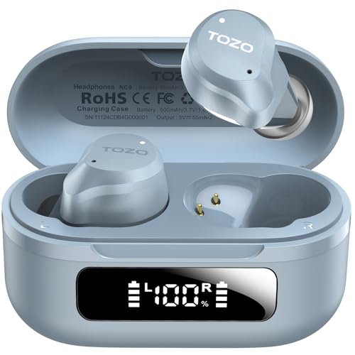 TOZO NC9 Hybrid Active Noise Cancelling Wireless Earbuds, 60H, LED Display | 6 Mic ENC Clear Calls, Deep Bass Sound, IPX8, in Ear Bluetooth 5.3 Headphones,32 EQs via APP,Comfort Fit Ear Buds,Light Blue - color: Light Blue