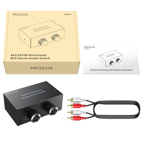 PROZOR 4-Way Stereo L/R Bi-Directional Audio Switcher 4X2/2X4 | Bi-Directional 2 in 4 Out or 4 in 2 Out, with Off Button No External Power Required, For DVD Stereo Speaker, CD Player - color: Black 4-2