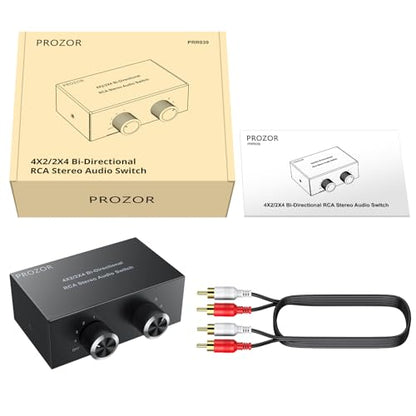 PROZOR 4-Way Stereo L/R Bi-Directional Audio Switcher 4X2/2X4 | Bi-Directional 2 in 4 Out or 4 in 2 Out, with Off Button No External Power Required, For DVD Stereo Speaker, CD Player - color: Black 4-2