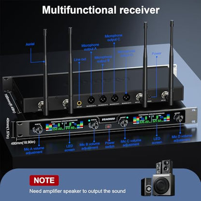 Wireless Microphones System, 4 Channel UHF Wireless Mics,with 4 Handheld Dynamic Microphones,Metal Receiver for Karaoke,Singing,Wedding,Party,Speech - color: Brown