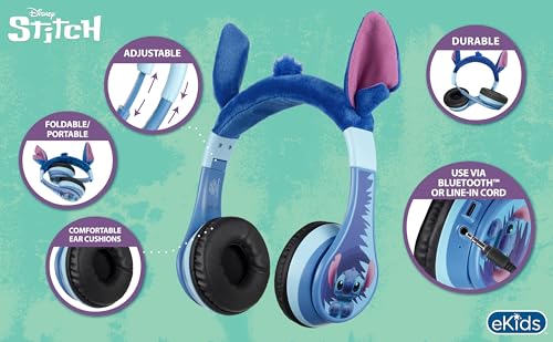 Disney Stitch Bluetooth Headphones for Kids, Wireless Headphones for School | Volume Reduced and Built-in Microphone - color: Stitch