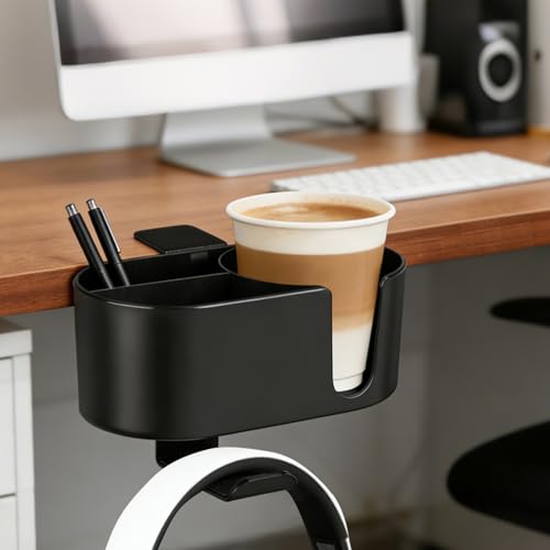 4 in 1 Desk Cup Holder, Clamp On Drink Holder with Headphone Hanger | Anti-Spill Clip on Desk Organizer for Pen Phone Mug, Gaming Office Desk Accessories fits Most Desks - color: Black-2 with Headphone Hanger