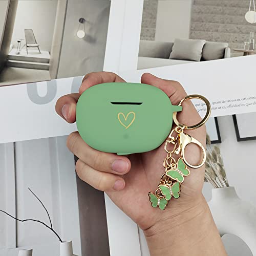 Compatible with Beats Studio Buds 2021, Soft Silicone Case with Gold Heart Pattern for Beats Studio Buds Case with Cute Butterfly Keychain for Girls Women (Matcha Green) - color: Matcha Green