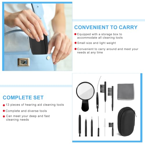 WXJ13 Hearing Aid Cleaning Kit, 13 Pieces, Includes Nylon Brushes, Magnifier, Ventilation Rod, Screwdriver, Case for Headphones, Earplugs, Mobile Phone Charging Holes