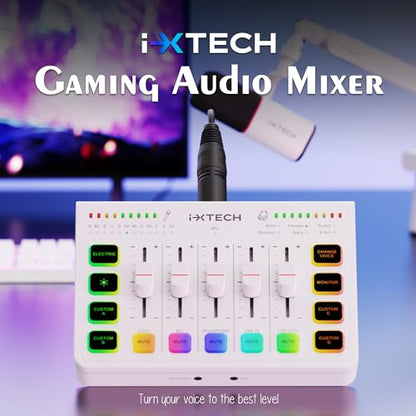 IXTECH Gaming Audio Mixer 4 Channel Soundboard, Streaming RGB PC Audio Interface with XLR Microphone Support, Audio Equalizer for Gaming Podcast Streaming Karaoke, Individual Volume Controls (White)