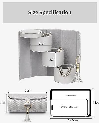 VLANDO Travel Jewelry Organizer, 3 Tier Roll Up Design, Hard Shell Storage | Stepped Sections Compartments Keep Jewelry Visible, Soft Lining Protect Pieces, Snap Closure, Travel Gift for Women Girl - color: C.Grey