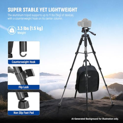NEEWER BASICS Camera Tripod, 71'' Tripod with Cell Phone Holder Mount Compatible with iPhone for Video Recording, Professional Aluminum Lightweight Portable Travel Stand with 3 Way Pan Tilt Head, TP55 - style: TP55