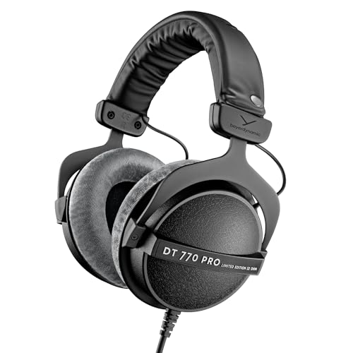 beyerdynamic DT 770 PRO, 32 Ohm, Closed Back, Over Ear, Wired Professional Studio Headphones, Mobile Recording, Podcast, Gaming, 1.6m Straight Cable, Black with Limited Edition Gray Velour Ear Pads | Closed Back, Over Ear, Wired Professional Headphones, M