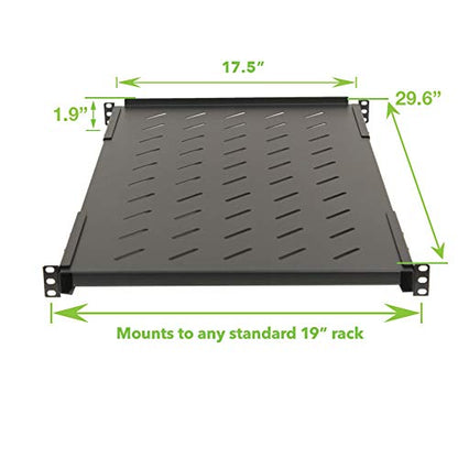 NavePoint Vented 4-Post Shelf, Adjustable, Black, 750 mm Depth, 1U, 242 lbs, Cold Rolled Steel - size: 30" Deep