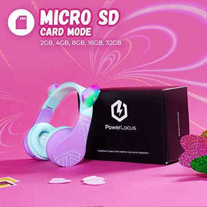 PowerLocus Bluetooth Headphones for Kids, Wireless Foldable Headphones Over Ear, Headphone with Microphone, 85DB Volume Limit, Wireless and Wired Headset with Micro SD, FM for Cellphones, Tablets, PC - color: Teal/Purple Cat Ears