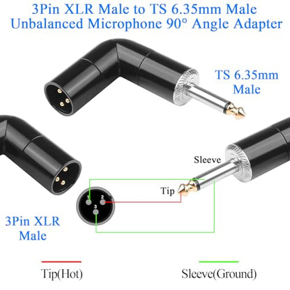 QIANRENON Adjustable 90° Angle XLR to TS 6.35mm Microphone Unbalanced Adapter 3Pin XL-R Male to 1/4" TS Male Mono Right Angle Audio Connector XLR Direction 360° Change, for Guitar Mixer Amplifier