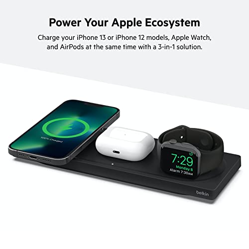 Belkin MagSafe 3 in 1 Wireless Charging Pad, Fast Charger (Renewed) | Apple Watch, iPhone 17/16/15/14, AirPods compatible, fast charging, certified refurbished, multi-device, Magnetic - color: Black, style: Certified Refurbished