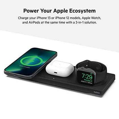 Belkin MagSafe 3 in 1 Wireless Charging Pad, Fast Charger (Renewed) | Apple Watch, iPhone 17/16/15/14, AirPods compatible, fast charging, certified refurbished, multi-device, Magnetic - color: Black, style: Certified Refurbished