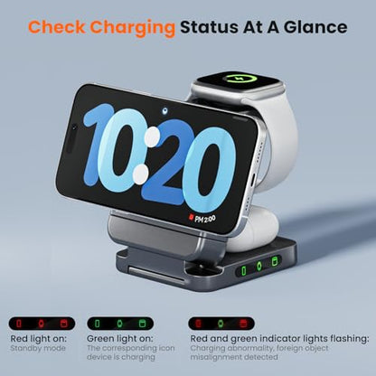 Wireless Charger 3 in 1, Foldable Charging Station for Apple Samsung Multi Devices Charging, Magnetic Charging Stand, Portable Travel Fast 15W Charger Station for iPhone, TWS, iWatch (Dark Gray) - color: dark grey