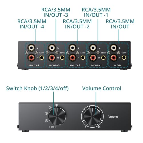 4-Way Stereo Audio Switcher 4-in-1/1-in-4-Out Bi-Directional for Speaker | YGiTK 3.5mm Aux&RCA L/R Audio Switch Selector Box with OFF Button, 1.5m/4.9ft RCA Cable for Headphones, Amplifiers, Computer - size: 4-Way