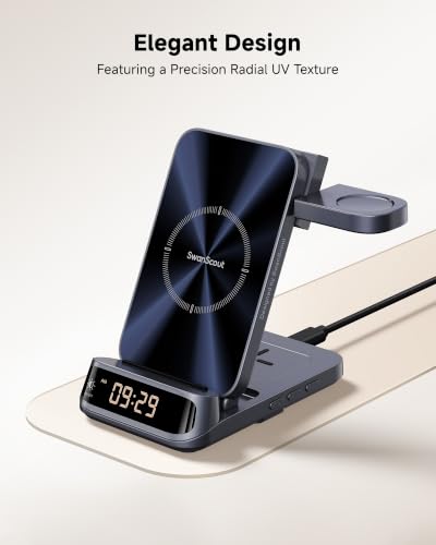 SwanScout 708S 3-in-1 Foldable Wireless Charger for Samsung Devices | Wireless Charging Station with Clock, for S26/S25/S24/S23/Z Flip8, for Galaxy Watch 8/7/FE/6/5/4, No Adapter - color: Tech Grey