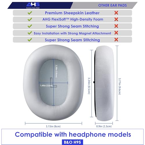 AHG Accessory House Global Upgraded Replacement Beoplay h95 Ear Pads Cushions Compatible with Bang & Olufsen Beoplay H95 Headphones (Gray). Sheepskin Leather/High-Density Foam/Strong Magnet - color: Gray