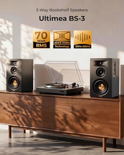 ULTIMEA 3-Way Powered Bookshelf Speakers for TV, Music, Record Player, BS-3 | RCA Input, 70W RMS, 5.25" Woofer, HDMI ARC, Bluetooth 6.0, Auracast, SUB OUT, App EQ, Clear Dialogue, Deep Bass, Clear Highs