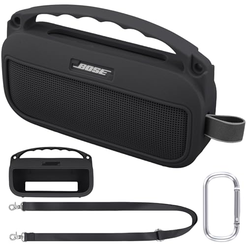 co2CREA Soft Silicone Case for Bose SoundLink Flex 2nd Gen, Black | Skin-Friendly Handle, Adjustable Shoulder Strap, Crossbody Carrying, Aluminum Carabiner, Lightweight - color: Black Case