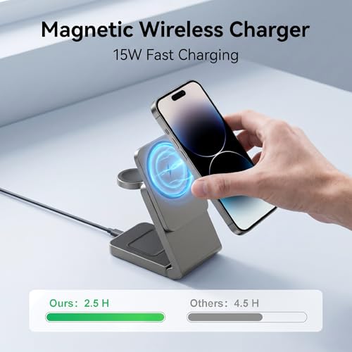 3 in 1 Charging Station for Apple, Wireless iPhone Charging Station for Multiple Devices, Foldable Magnetic Mag-Safe Charging Station for iPhone 17/16/15/14/13/12/pro/pro max,Apple Watch,AirPods