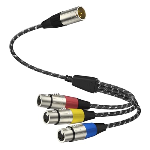 J&D XLR Splitter Cable, Gold Plated 3 Pin XLR 1 Male to 3 Female Adapter, Balanced Microphone Cord for Mixer, AMP, Limiter, Speaker and Recording Equipment, 1.6 Feet - size: 1.6 ft