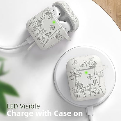 Lerobo for AirPod Case 2nd/1st Generation with Keychain | Flower Engraved Soft Silicone Cover for AirPods 2 Case, Wireless Charging, Shockproof, One-piece Design, Starlight - color: Starlight