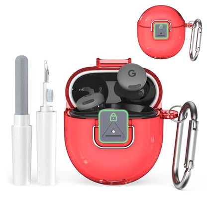 [Safety Lock] Compatible with Google Pixel Buds 2A Case, TPU Anti-Yellowing Shockproof Protective Cover for Google Pixel Buds 2A 2025, Includes Cleaning Kit & Carabiner (Transparent Red) - color: Transparent Red