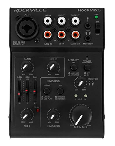 Rockville RockMix 5 Channel Pro Mixer with USB, Bluetooth, Echo, EQ | XLR/1/4" Mic/Line, RCA Inputs, 3.5mm Mic, 18V Phantom Power, 2-Band EQ, USB Recording, Headphone Out