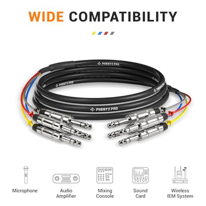 Phenyx Pro 4-Channel 1/4'' TRS Snake Cable 10 ft PCBL-QR4IN1-10 | Color-Coded Patch Wire, 24 AWG OFC Copper Audio Cable, Balanced 1/4-Inch TRS, Guitar, Bass, Amp - size: 10 Feet