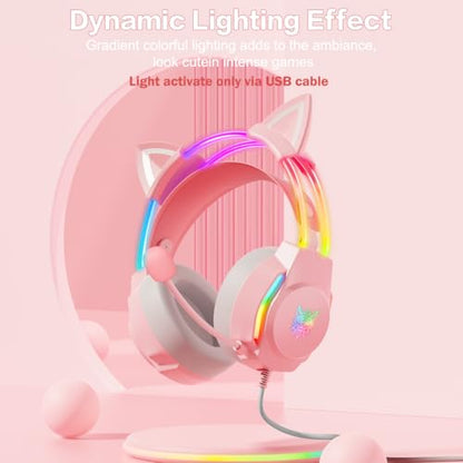 Gaming Headset with Microphone, Cat Ear Headphones for PC Laptop PS4 PS5 Xbox Switch, Pink, Rainbow RGB Lighting & Virtual Surround Sound, 3.5mm Wired Over Ear Headphones, Ergonomic - color: Pink Cat Ear