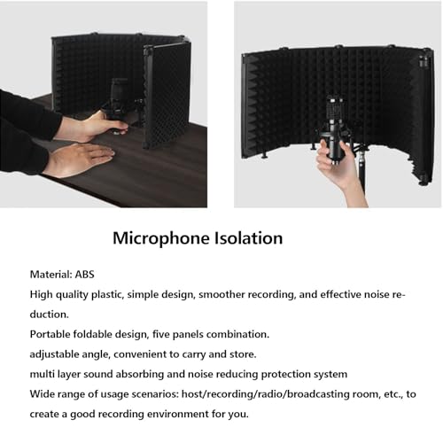 Foldable Microphone Isolation, 5-Panel Acoustic Foam Sound Absorbing Reflector, Portable Studio Vocal Booth for Recording Podcasting - with Adjustable Angles